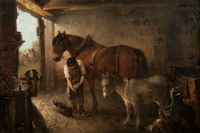 Un maniscalco che ferra un cavallo da aratro, con un asino, in un interno di fucina da Edward Robert Smythe